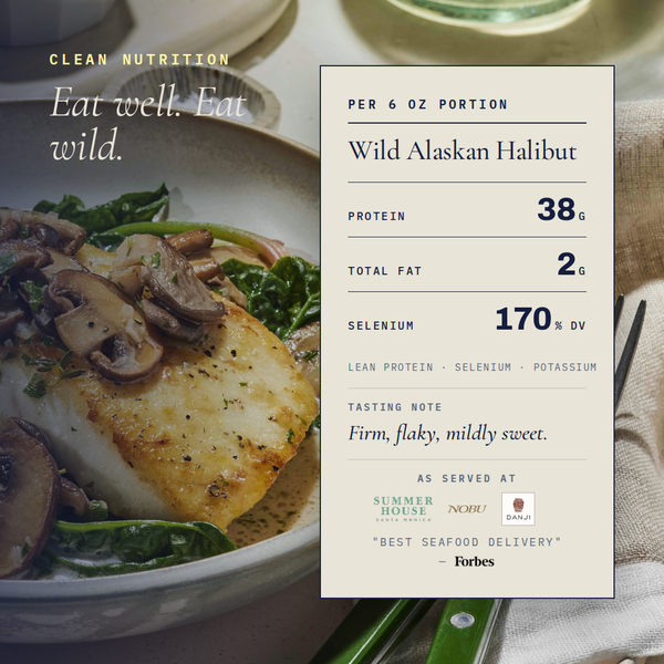 Nutrition panel showing per 6 oz Wild Alaskan Halibut, 38g protein, 2g fat, 170 percent DV selenium, tasting note firm, flaky, mildly sweet