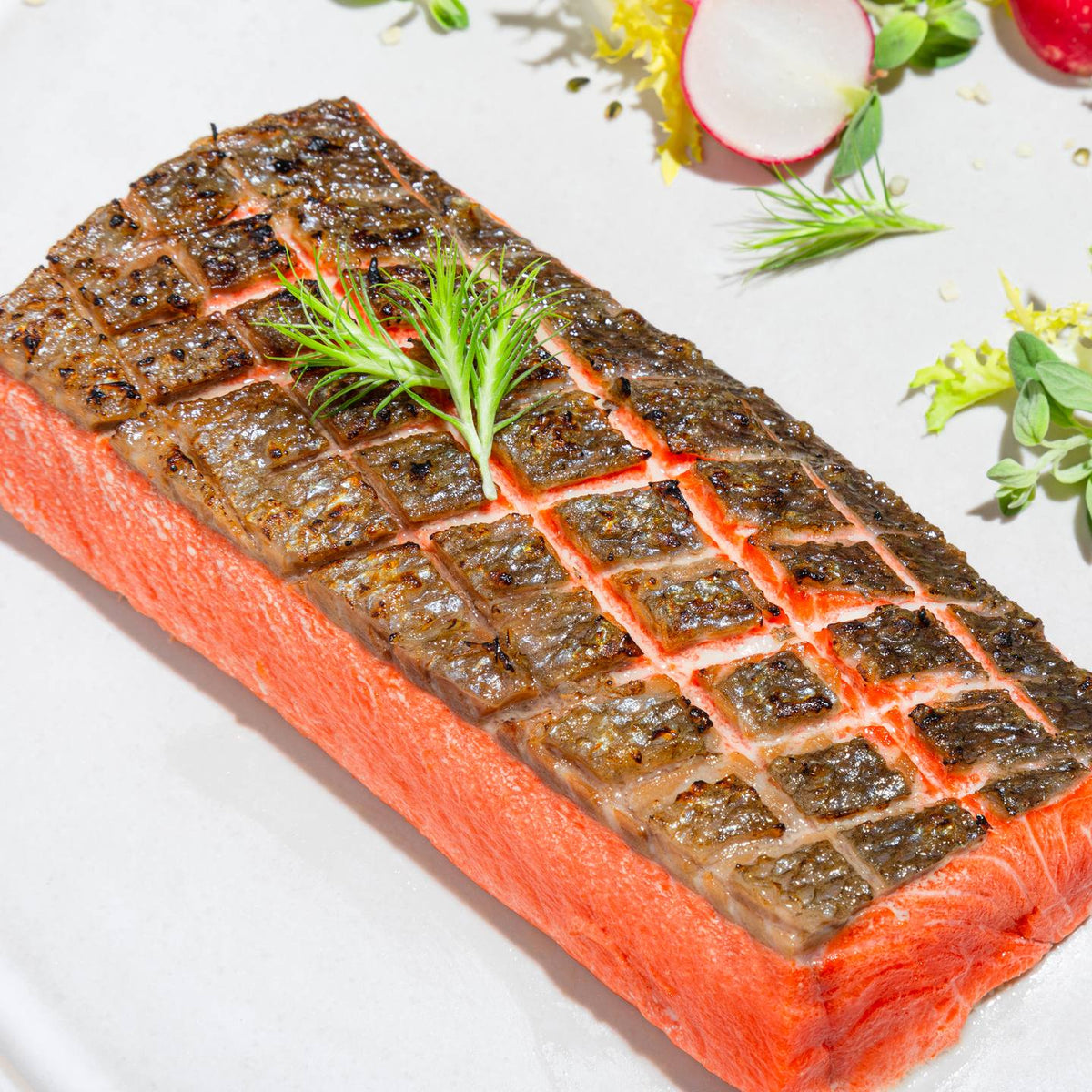 A seared wild sockeye salmon fillet with crosshatched crispy skin and a sprig of dill on a white plate