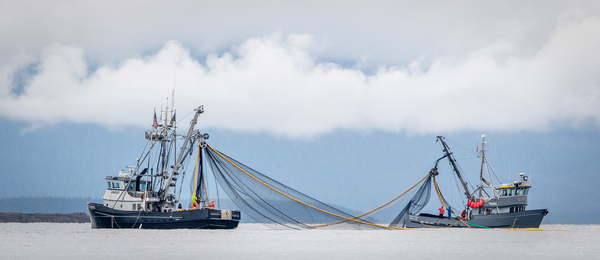 Two fishing boats deploying nets in calm water under a cloudy sky.