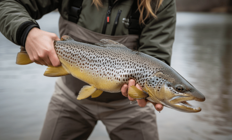 Angler holding a freshly caught steelhead trout over river water