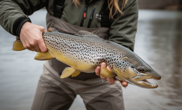 Angler holding a freshly caught steelhead trout over river water
