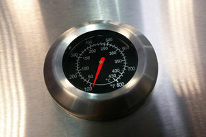 metal temperature gauge showing about 100°F, scale from 100 to 800°F and 50 to 430°C
