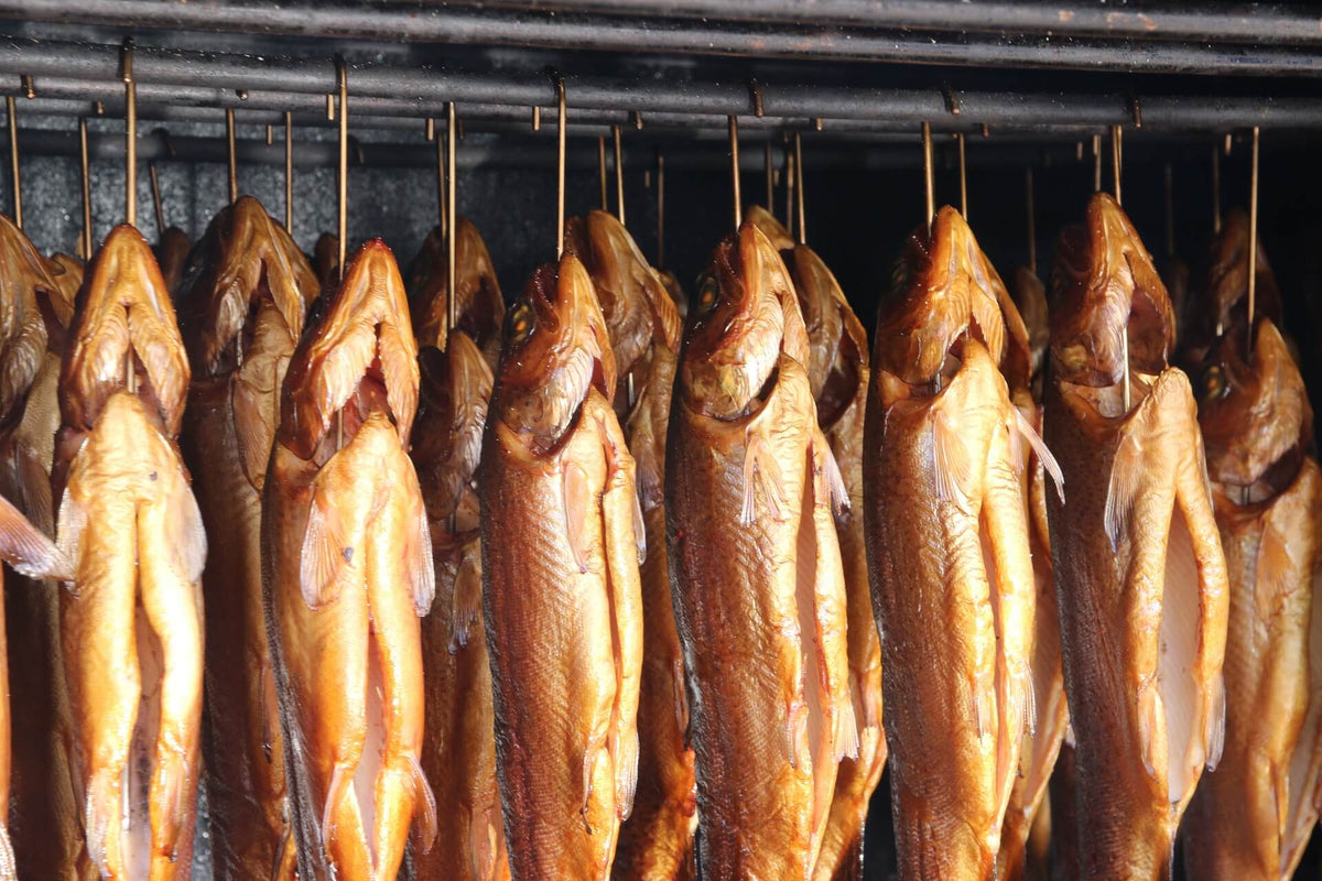 Close-up of smoked trout hung on metal hooks showcasing glossy golden-brown skin inside a smoker