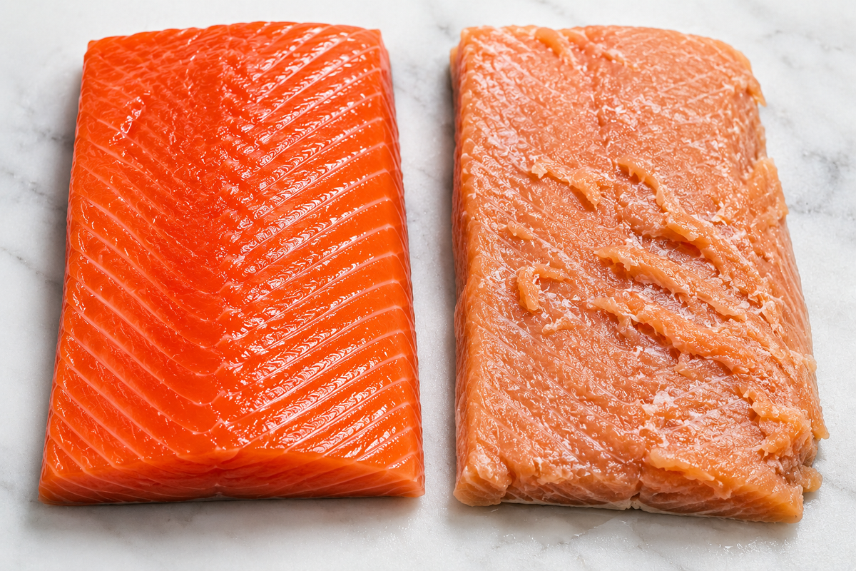 Top-down view of two salmon fillets showcasing deep red wild sockeye on the left and paler farmed salmon on white marble