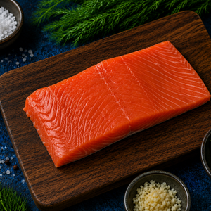 Top-down view of Wild Alaskan Coho salmon fillet showing vibrant orange flesh and marbling on a dark cutting board with lemon