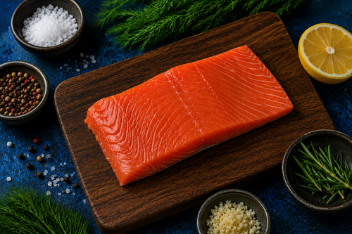 Top-down view of Wild Alaskan Coho salmon fillet showing vibrant orange flesh and marbling on a dark cutting board with lemon