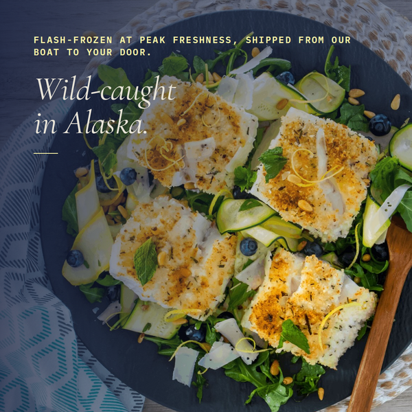 Seared black cod fillets on a salad with blueberries and shaved cucumber, headline Wild-caught in Alaska