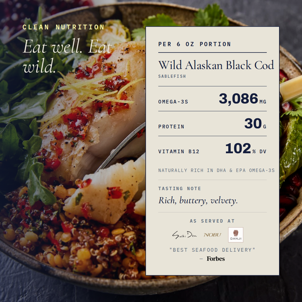 Nutrition panel showing Wild Alaskan Black Cod per 6 oz: Omega-3s 3,086 mg; Protein 30 g; Vitamin B12 102% DV