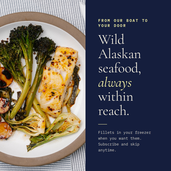 Promotional banner showing headline Wild Alaskan seafood always within reach with a black cod fillet and roasted vegetables