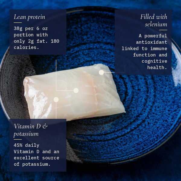 Callout image of Wild Alaskan halibut fillet noting 38 g protein per 6 oz, 45% daily vitamin D, and selenium benefits