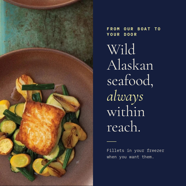 Promotional banner showing pan-seared halibut fillet on a plate beside headline ‘Wild Alaskan seafood, always within reach’
