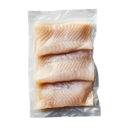 Three vacuum-sealed raw fish fillets in transparent packaging