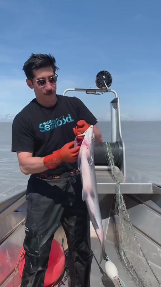 Man wearing sunglasses and a black shirt with 'Seafood' text holding a fish on a boat with fishing net and ocean background.
