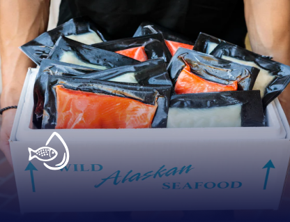 Box of vacuum-sealed Wild Alaskan Seafood salmon portions