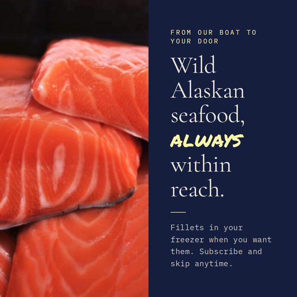 Promotional banner with stacked sockeye salmon fillets and navy panel reading 'Wild Alaskan seafood, ALWAYS within reach'